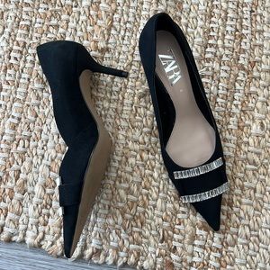 Zara black suede pump with rhinestones